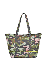 A khaki camo print weekender bag with neon pink outlines and embroidered lightning bolt, featuring neon yellow piping