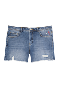 Scamp and Dude Denim Raw Edge Shorts | Product image of the front of light wash denim shorts