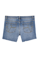 Scamp and Dude Denim Raw Edge Shorts | Product image of the back of light wash denim shorts