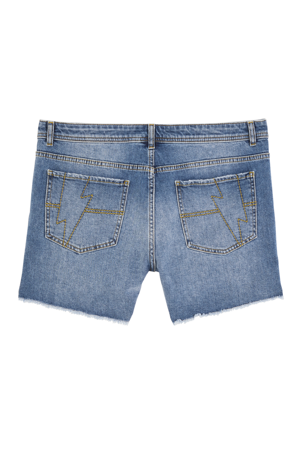 Scamp and Dude Denim Raw Edge Shorts | Product image of the back of light wash denim shorts