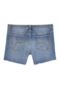 Scamp and Dude Denim Raw Edge Shorts | Product image of the back of light wash denim shorts