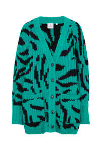 A teal with black zebra chunky knitted cardigan with Scamp & Dude branded buttons and pockets