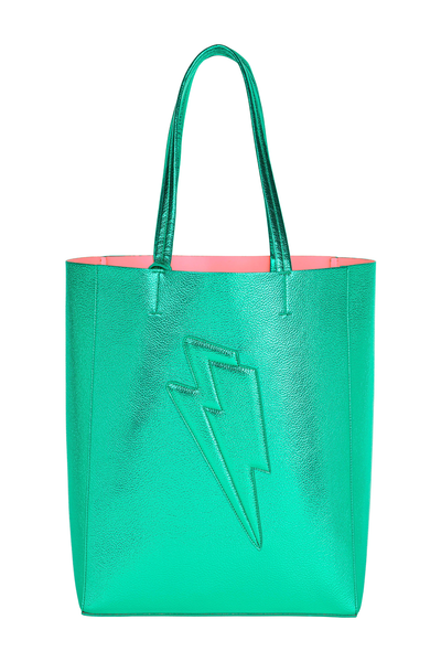 Scamp and Dude Green Metallic Large Tote Bag | Product image of green shiny tote bag with white background