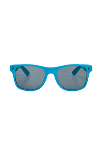 The front of neon blue sunglasses with black lightning bolts on the front and smoke coloured lenses