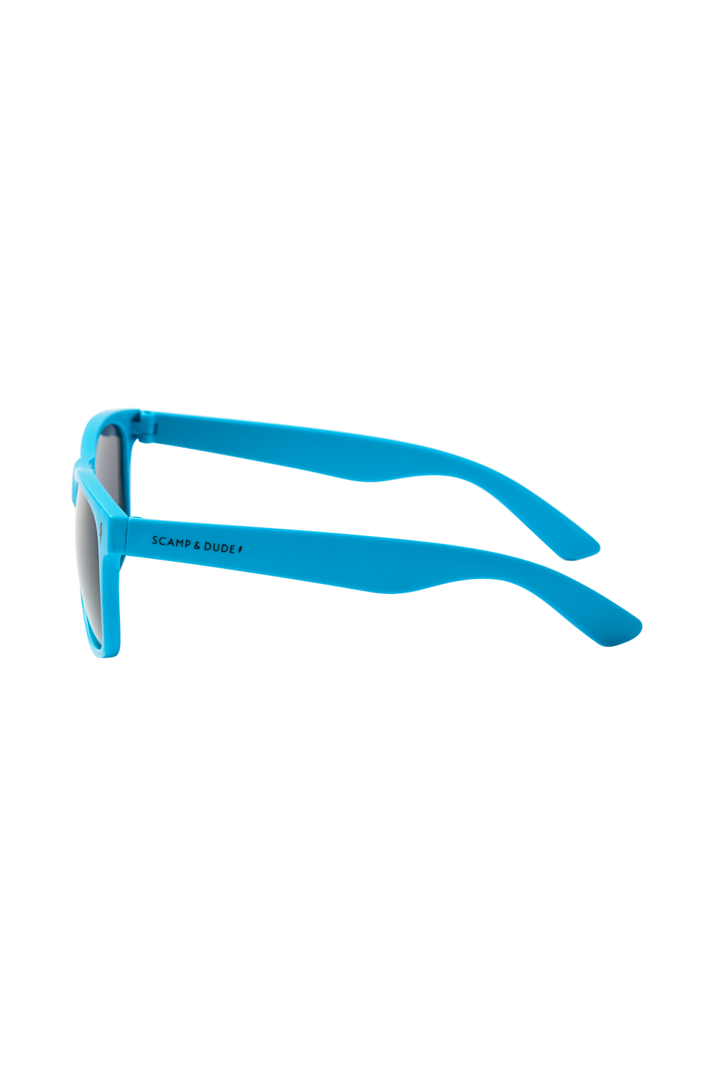 Neon blue sunglasses Scamp & Dude text and lightning bolt logo on the arm in black