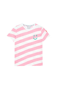 Scamp and Dude | Kids Pink and White Stripe T-Shirt | Product image of pink and white stripped t-shirt on white background