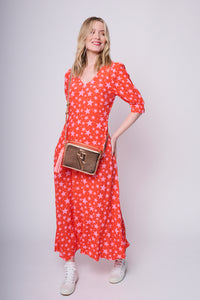 Red with Pink Star V Neck Midi Dress