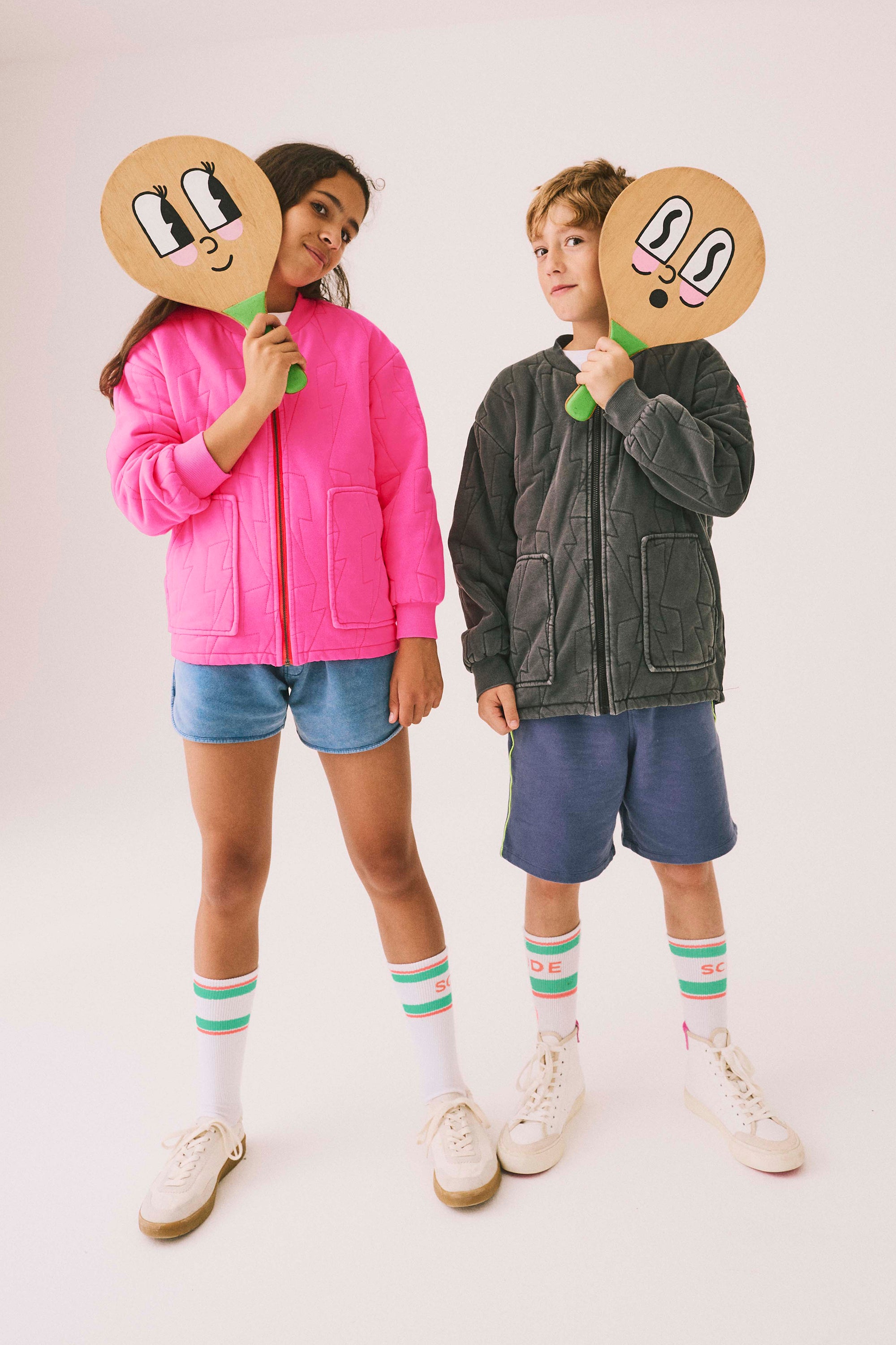 Kids Neon Pink Organic Cotton Quilted Lightning Bolt Jacket