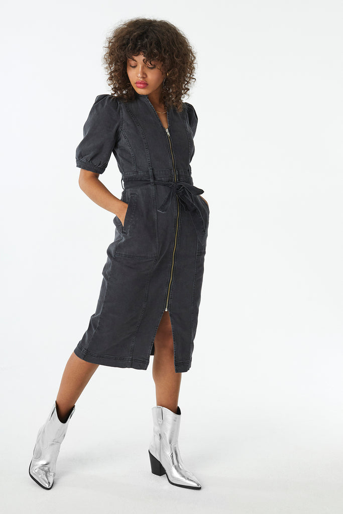 Black denim zip store dress