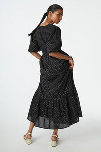 Black with Gold and Silver Lurex Spot Shirred Puff Sleeve Midi Dress