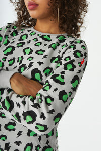 Pale Grey with Neon Green and Black Snow Leopard Sweatshirt