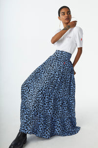 Soft Blue with Black Floral Leopard Maxi Skirt