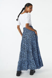 Soft Blue with Black Floral Leopard Maxi Skirt