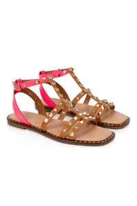 COMING SOON: Air & Grace x Scamp & Dude Tan and Coral Leather Studded Gladiator Sandals