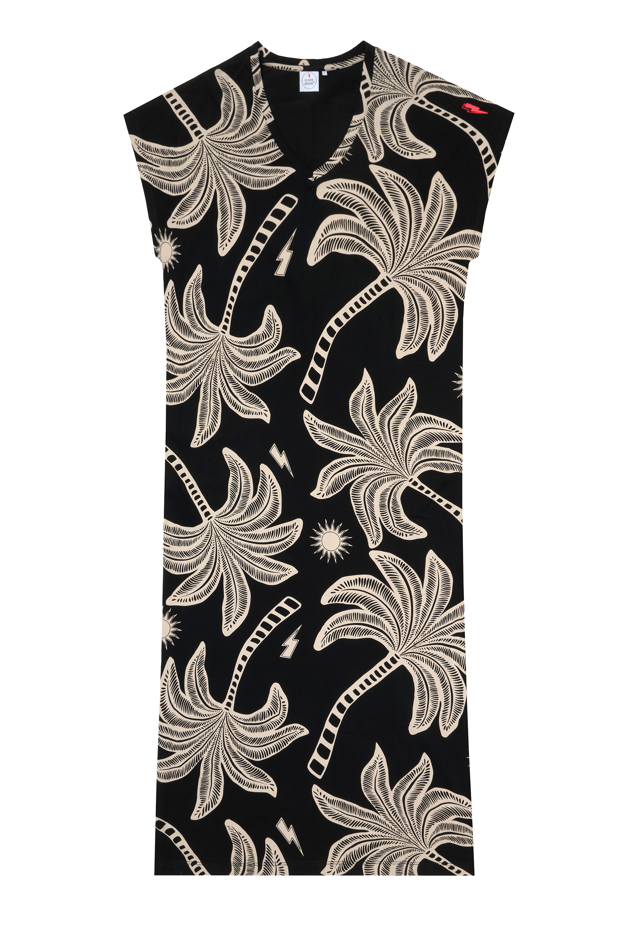 Scamp and Dude Black with Off White Palm Spring V-Neck Midi T-Shirt Dress | Product image of Black with Off White Palm Spring V-Neck Midi T-Shirt Dress on white background