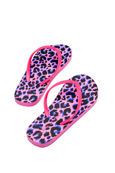 Scamp and Dude Pink with Blue & Black Leopard Flip Flops | Product image of pink with blue & black leopard flip flops on white background.