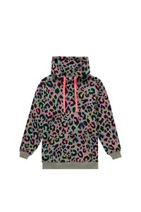 Khaki with Rainbow Shadow Leopard Longline Hoodie