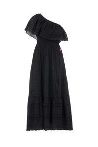 Black One Shoulder Broderie Tiered Midi Dress