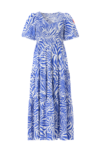 White with Blue Palm Shirred Puff Sleeve Maxi Dress