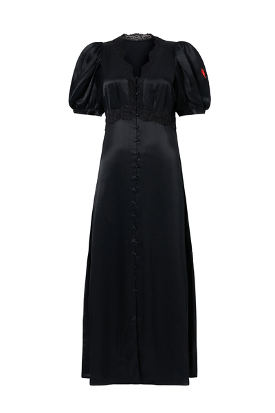 Black with Lace Trim Satin Puff Sleeve Midi Tea Dress Scamp & Dude