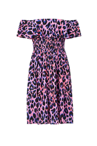 COMING SOON: Pink with Blue & Black Lurex Shadow Leopard Short Bardot Dress
