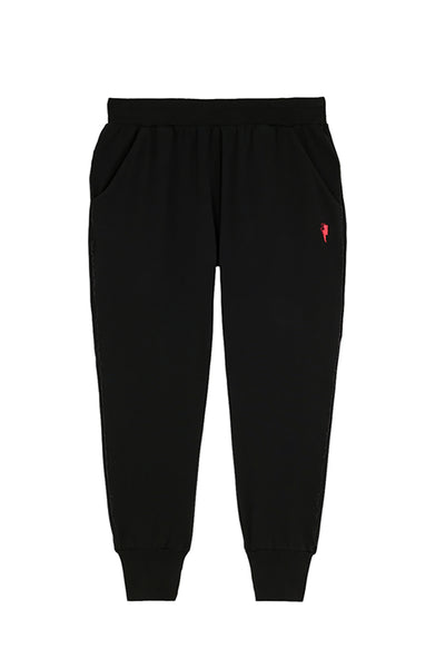 Black cosy joggers with lurex side seams & neon pink embroidered lightning bolt on the hip