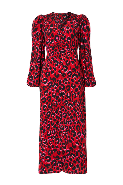 Red with Pink and Black Pop Leopard Blouson Sleeve Midi Dress Scamp & Dude
