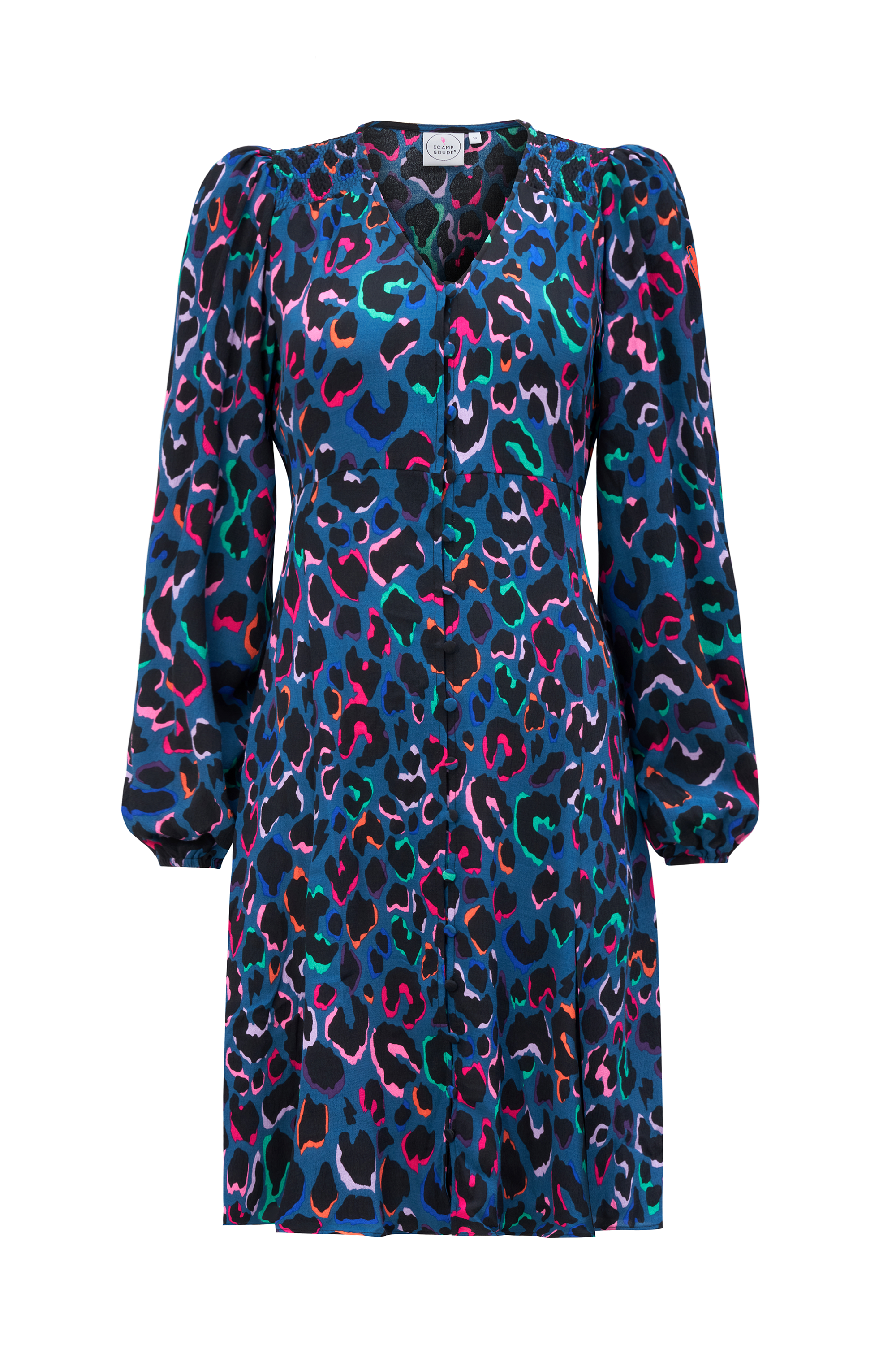 Teal with Rainbow Shadow Leopard Blouson Sleeve Godet Short Dress Scamp Dude