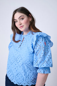 Blue Broderie Anglaise Frill Sleeve Blouse