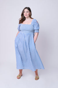 Blue with White Stripe 3/4 Sleeve Midi Dress