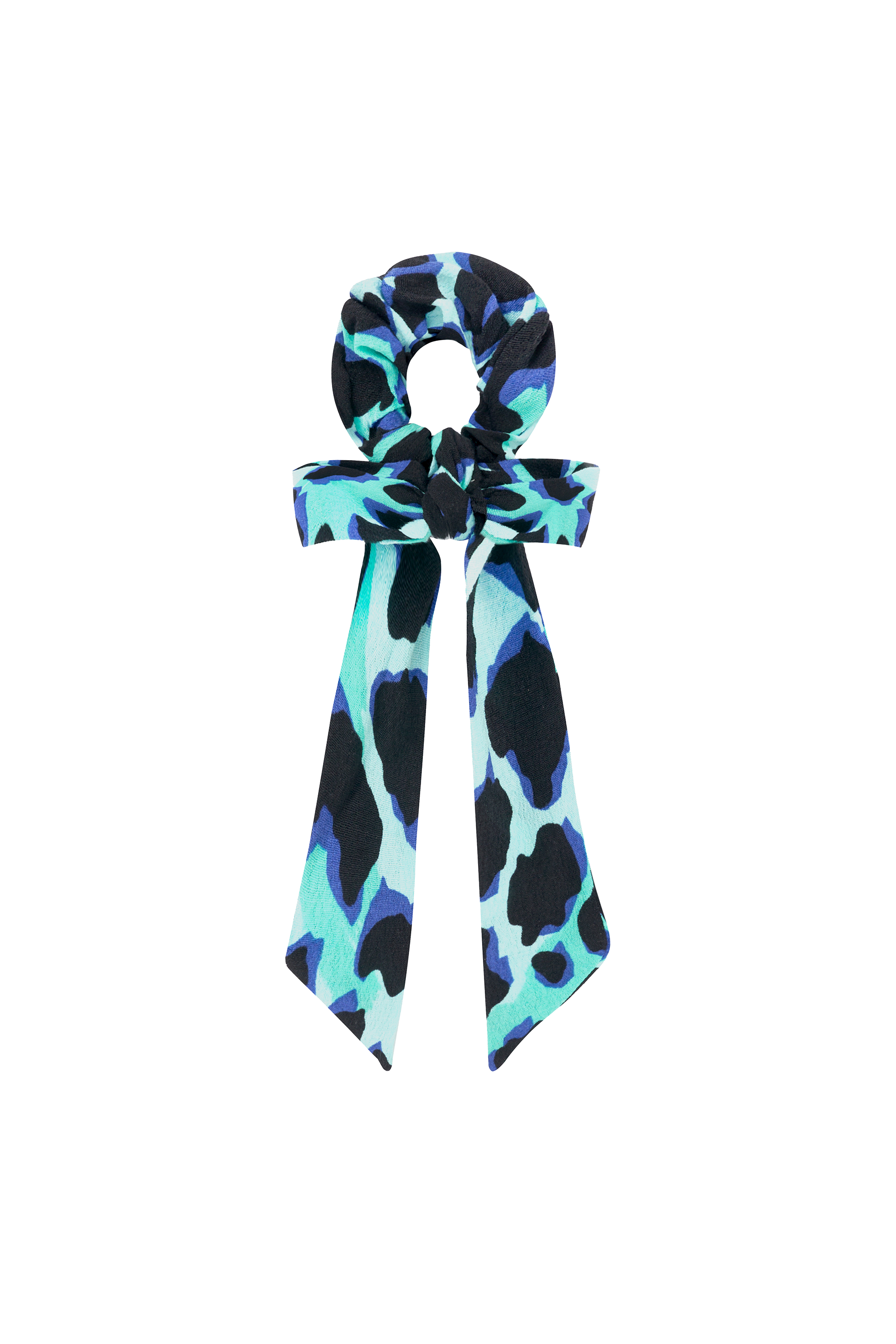 Scamp and Dude Turquoise with Black and Blue Shadow Leopard Bow Scrunchie | Product image of Turquoise with Black and Blue Shadow Leopard Bow Scrunchie on white background