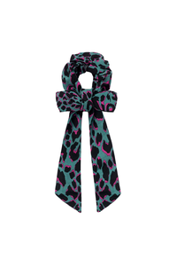 Khaki with Pink and Black Small Shadow Leopard Bow Scrunchie