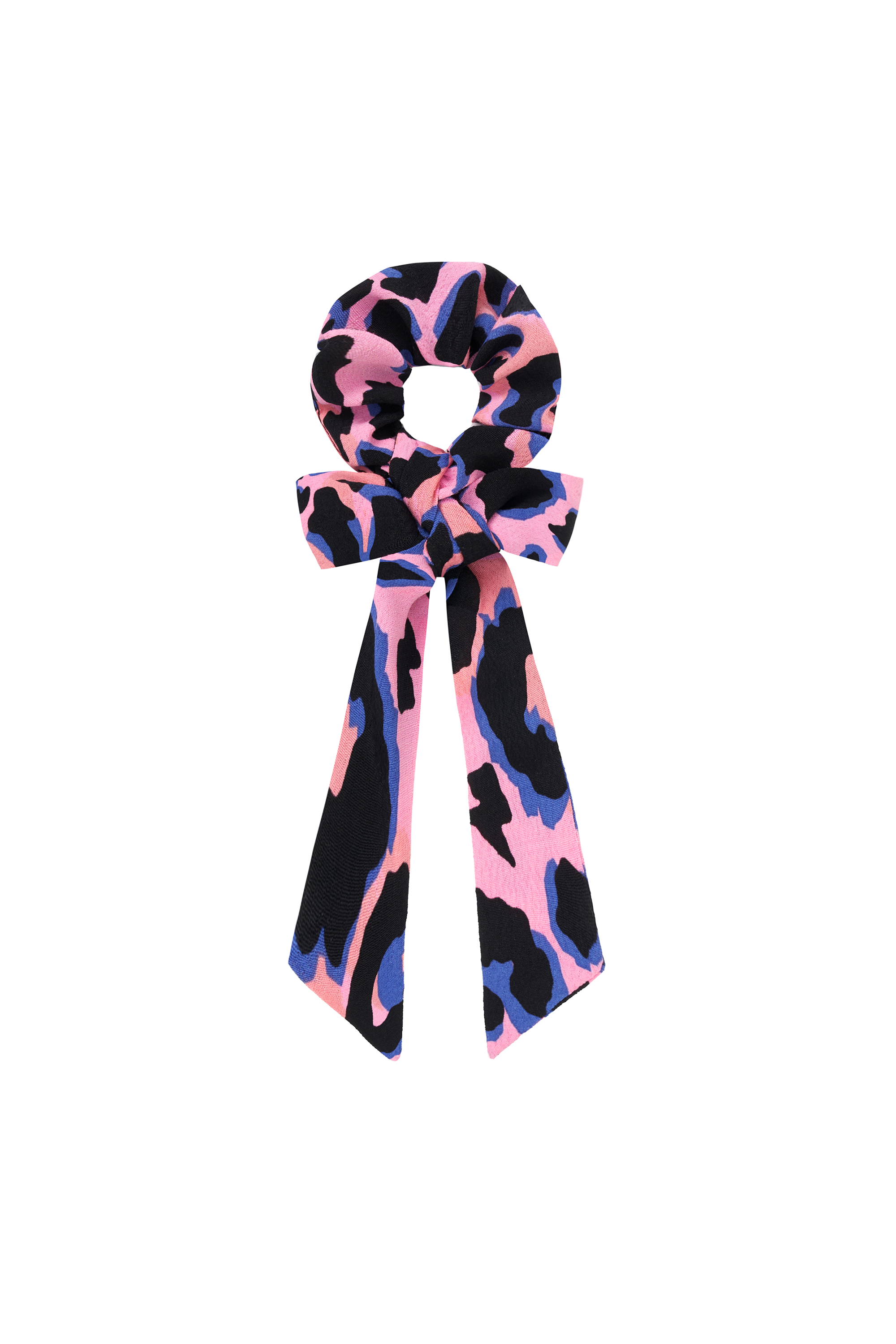 Scamp and Dude Pink with Blue and Black Shadow Leopard Surplus Fabric Bow Scrunchie | Product image of Pink with Blue and Black Shadow Leopard Surplus Fabric Bow Scrunchie on white background