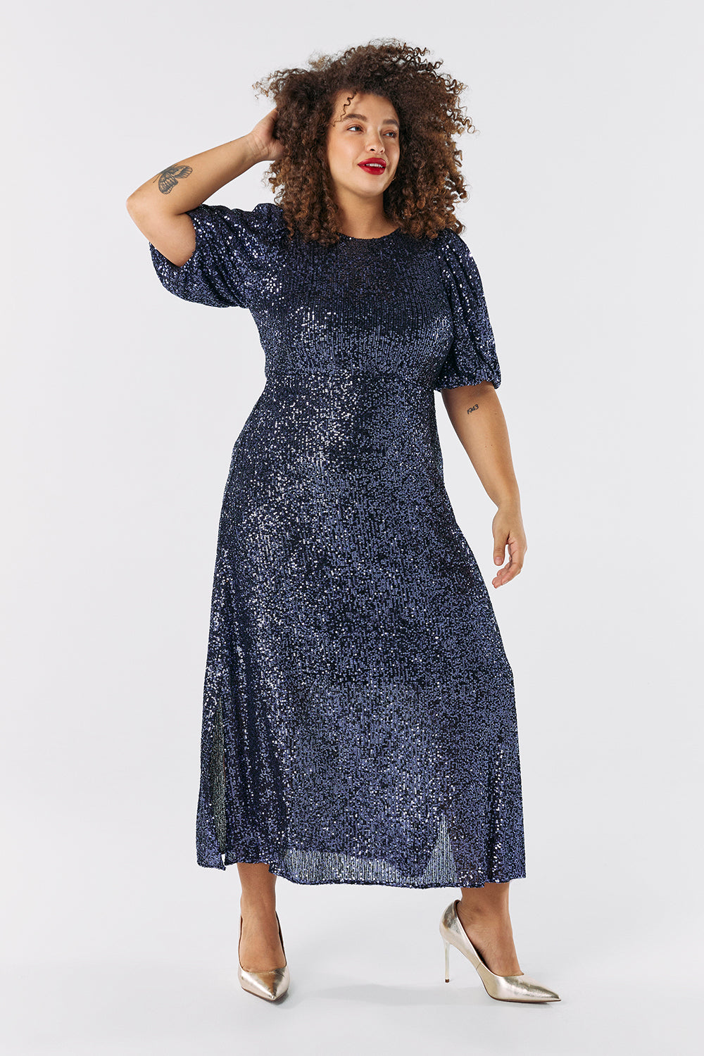 Navy Sequin Puff Sleeve Midi Dress Scamp & Dude