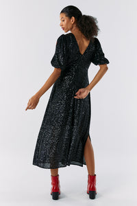 Black Sequin Puff Sleeve Midi Dress