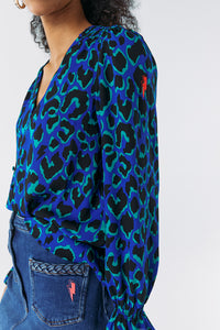 Electric Blue with Black and Green Shadow Leopard Flute Sleeve Blouse