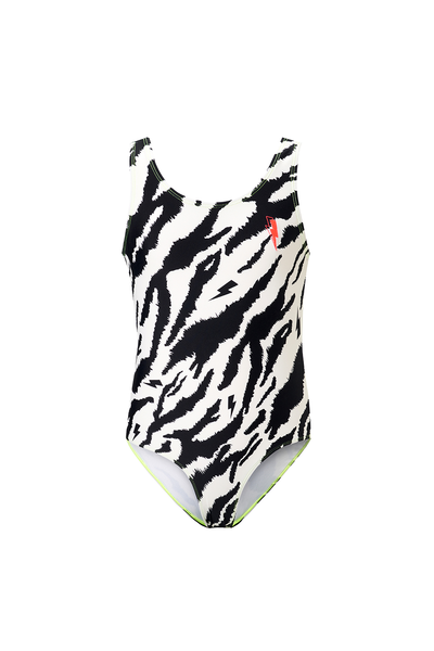 Scamp and Dude Kids Ivory with Black Shadow Tiger Swimsuit | Product image of Kids Ivory with Black Shadow Tiger Swimsuit on white background