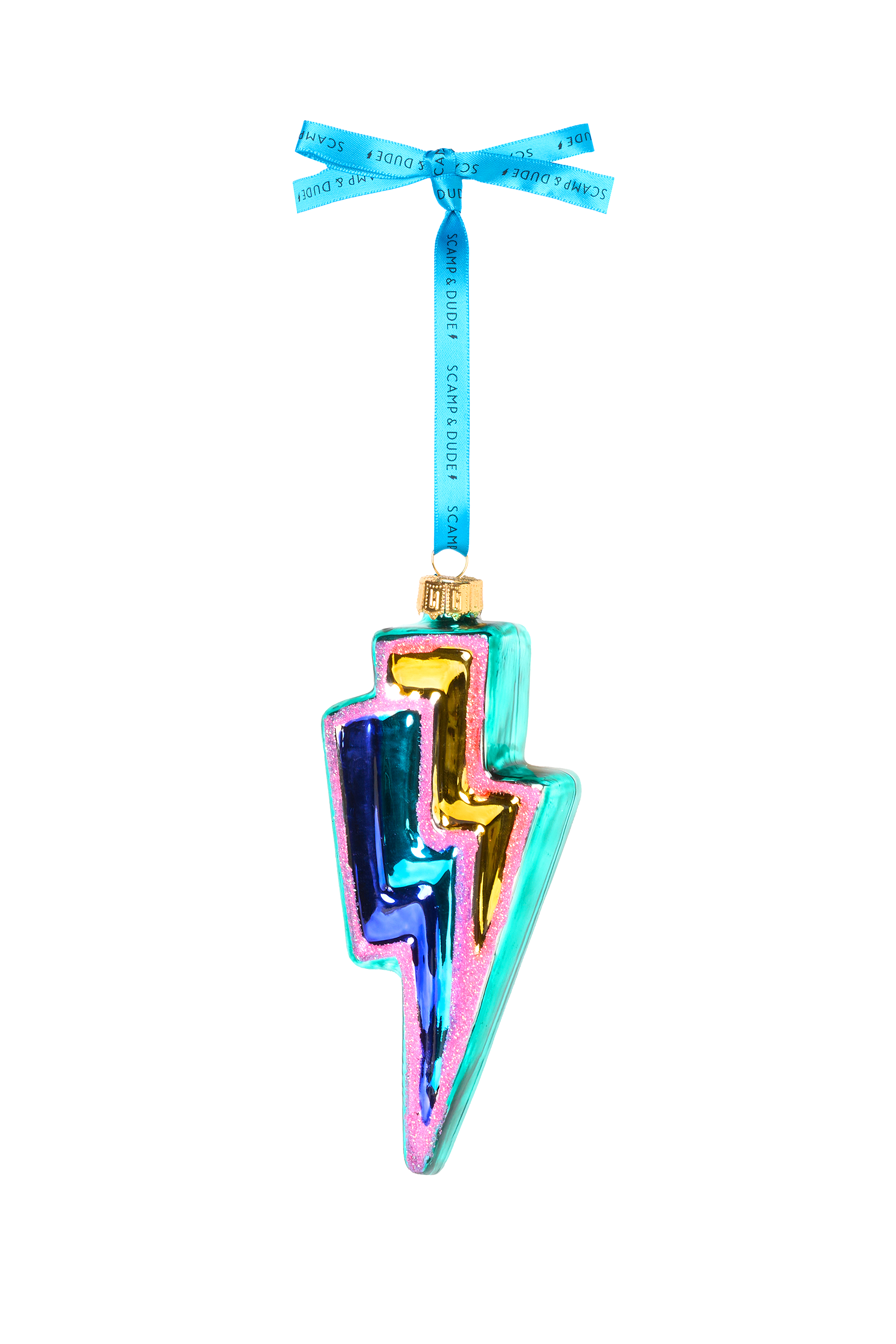 Scamp and Dude Blue with Pink and Gold Lightning Bolt Bauble | Product image of Blue with Pink and Gold Lightning Bolt Bauble on white background