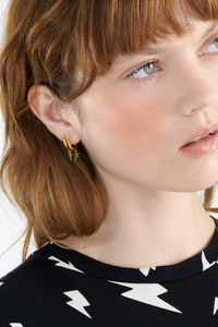 Gold Plated Huggie Hoops with Black Pavé Detailed Lightning Bolt & Star Charms