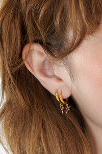 Gold Plated Huggie Hoops with Black Pavé Detailed Lightning Bolt & Star Charms