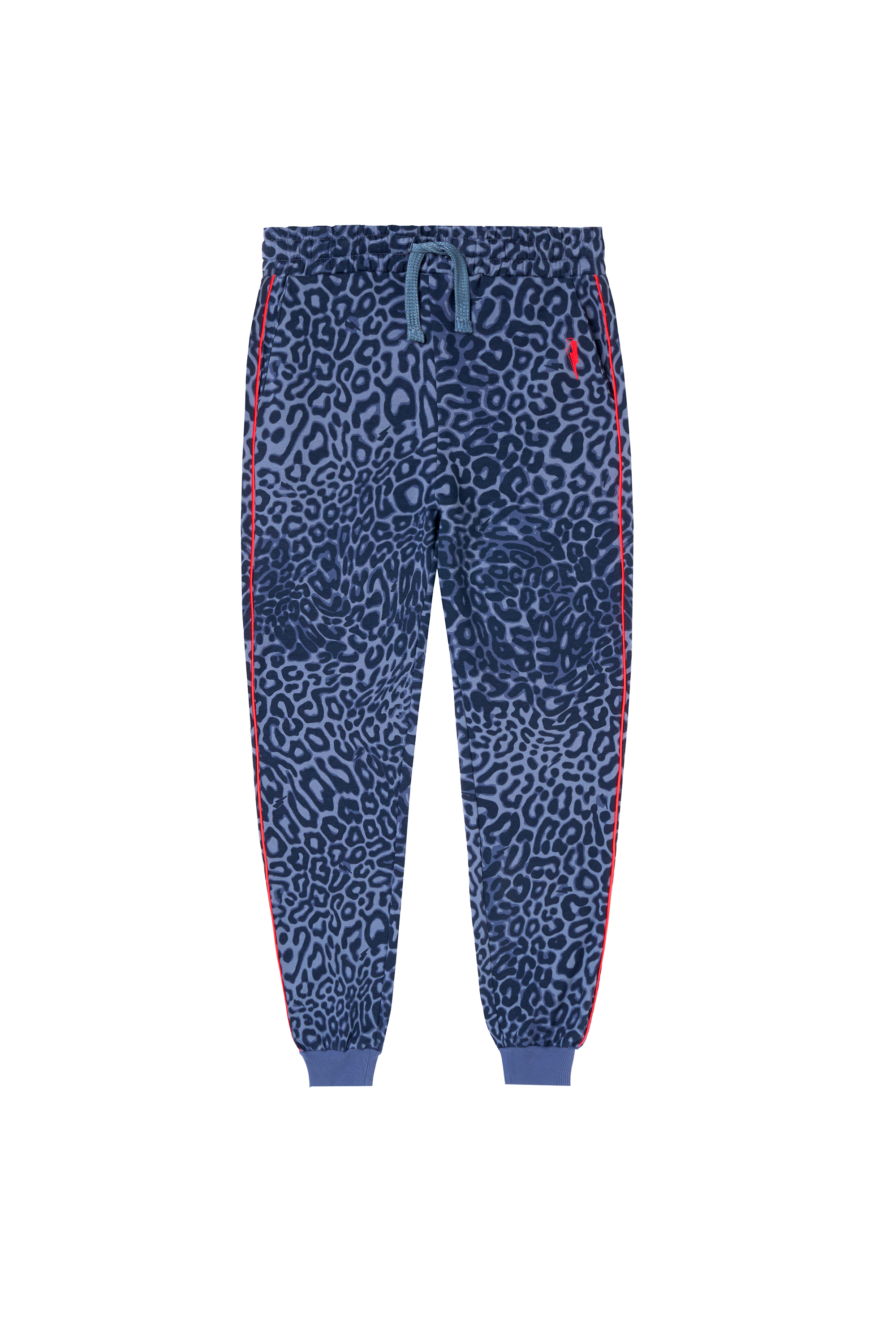 Scamp and Dude Kids Blue Leopard Ray Bolt Joggers | Product image of Kids Blue Leopard Ray Bolt Joggers on white background