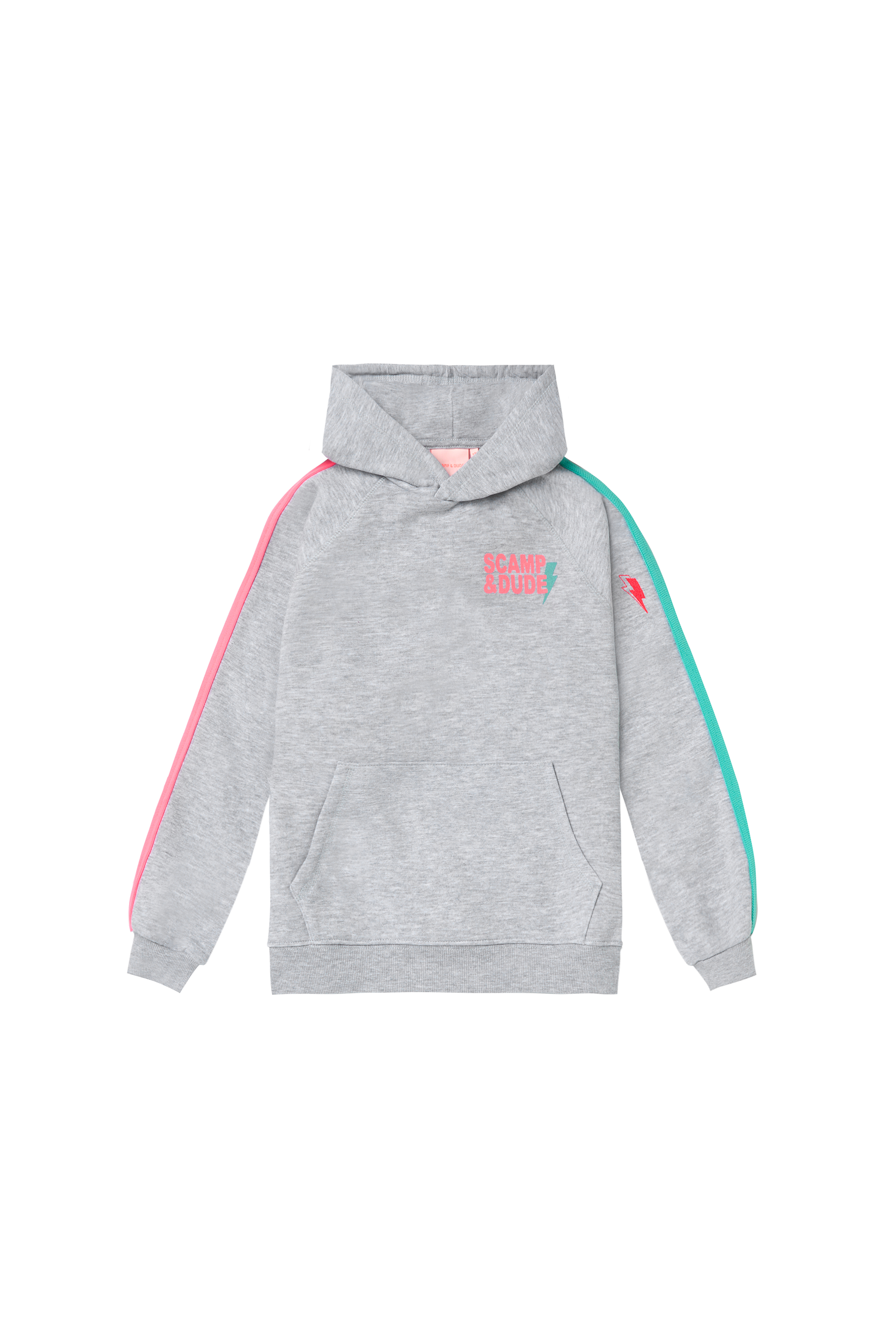 Scamp and Dude Kids Grey Colourblock Hoodie | Product image of a grey hoodie with pink and turquoise colourblock detail on white background.