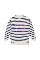 Scamp and Dude Kids Ivory with Bright Blue Stripe and Smiley Slogan Oversized Sweatshirt | Product image of Kids Ivory with Bright Blue Stripe and Smiley Slogan Oversized Sweatshirt on white background