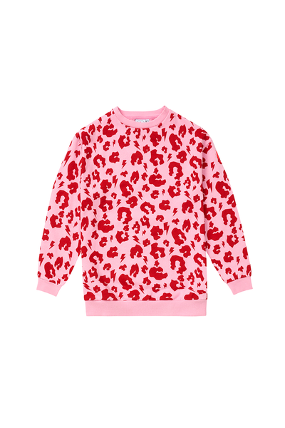 Scamp and Dude Kids Pink with Red Leopard Oversized Sweatshirt | Product image of a pink with red leopard long sleeve crew neck sweatshirt in an oversized fit on white background