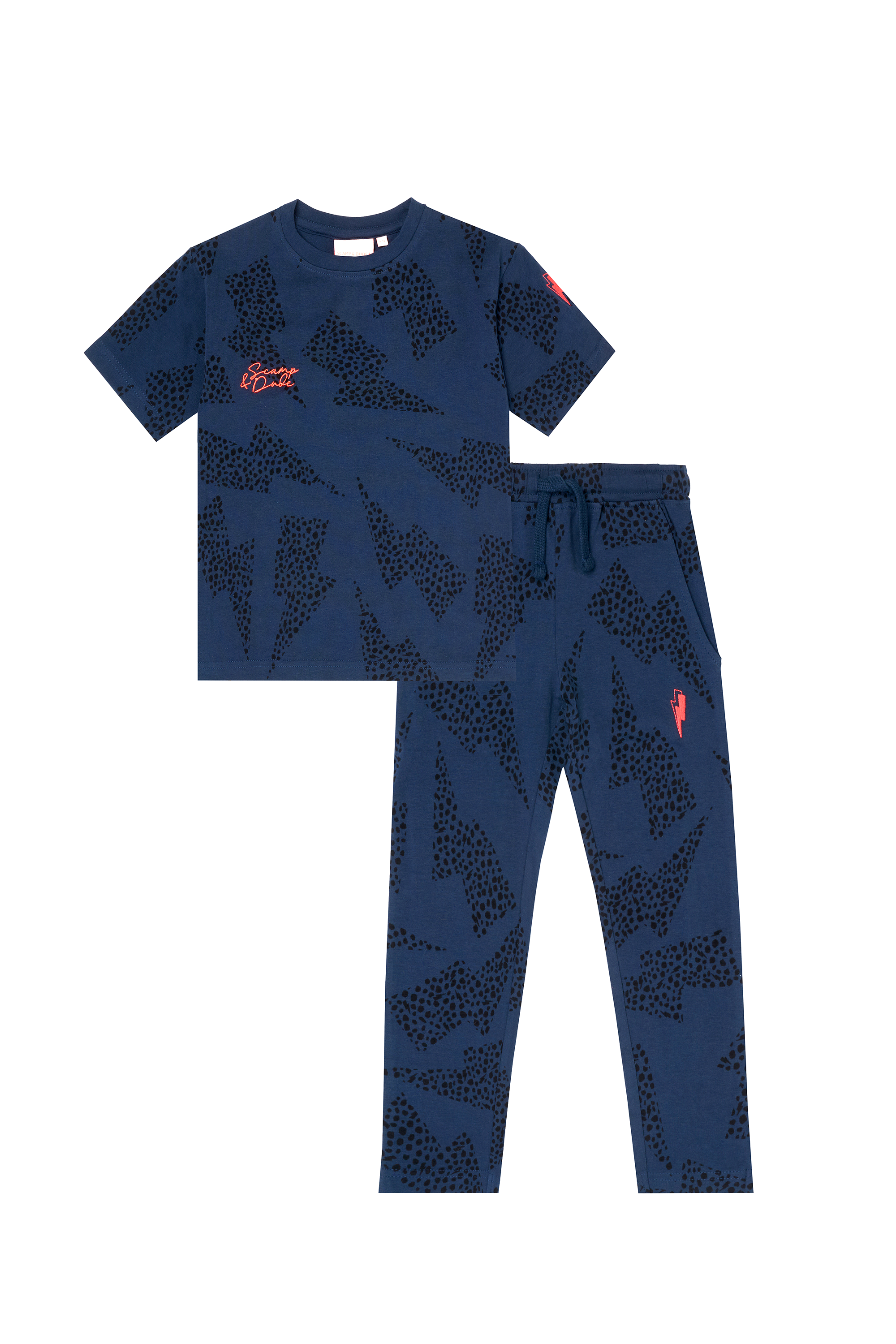 Scamp and Dude Kids Navy with Black Cheetah and Lightning Bolt Print Pyjamas | Product image of Kids Navy with Black Cheetah and Lightning Bolt Print Pyjamas on white background
