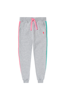 Scamp and Dude Kids Grey Colourblock Joggers| Product image of a pair of grey joggers with pink and turquoise colourblock detail on white background.
