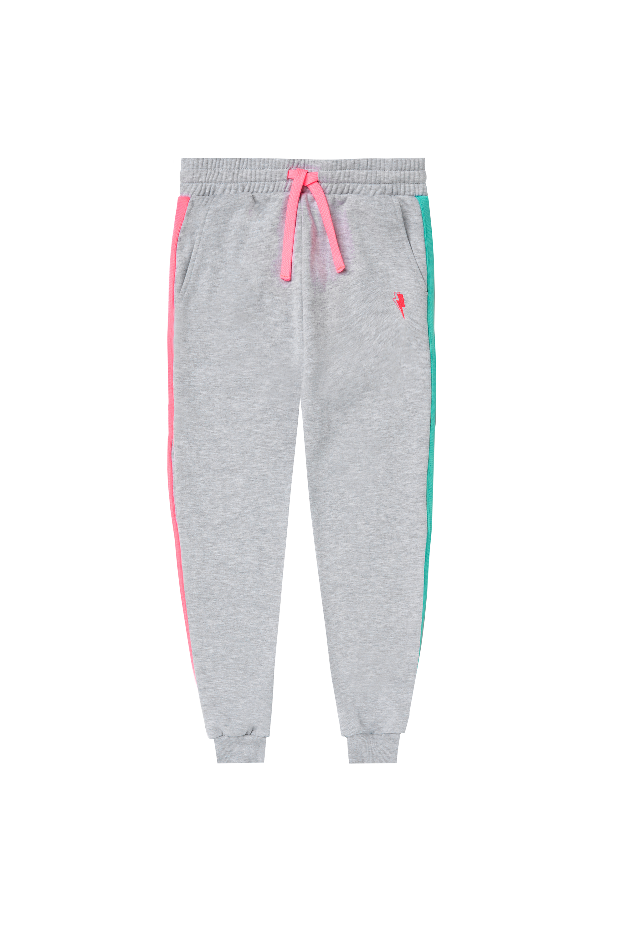 Scamp and Dude Kids Grey Colourblock Joggers| Product image of a pair of grey joggers with pink and turquoise colourblock detail on white background.