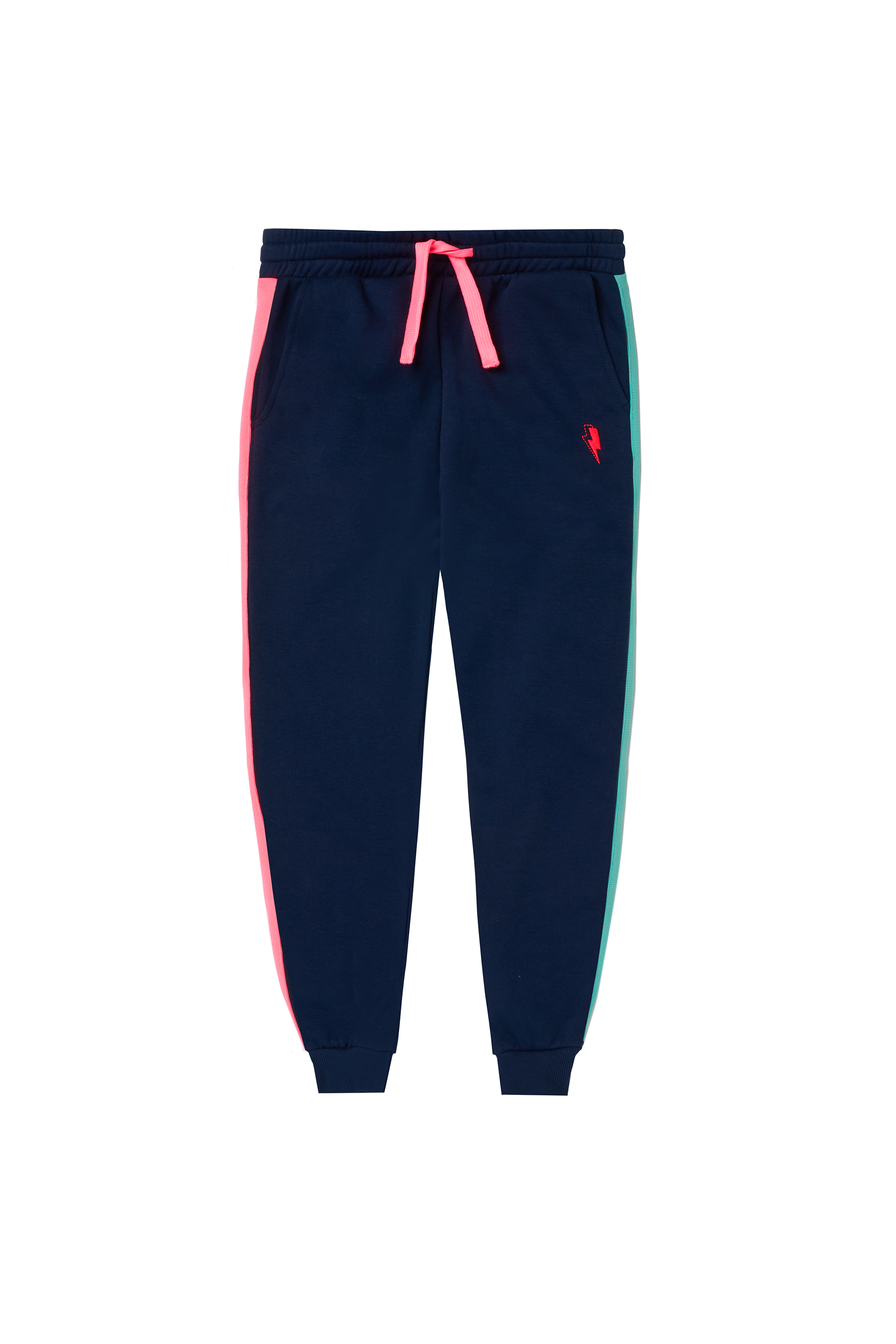 Scamp and Dude Kids Navy Colourblock Joggers| Product image of a pair of navy joggers with pink and turquoise colourblock detail on white background.