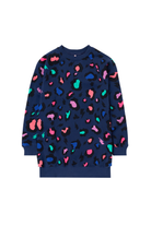 Scamp and Dude Kids Navy with Rainbow Snow Leopard Sweatshirt Dress | Product image of Kids Navy with Rainbow Snow Leopard Sweatshirt Dress on white background