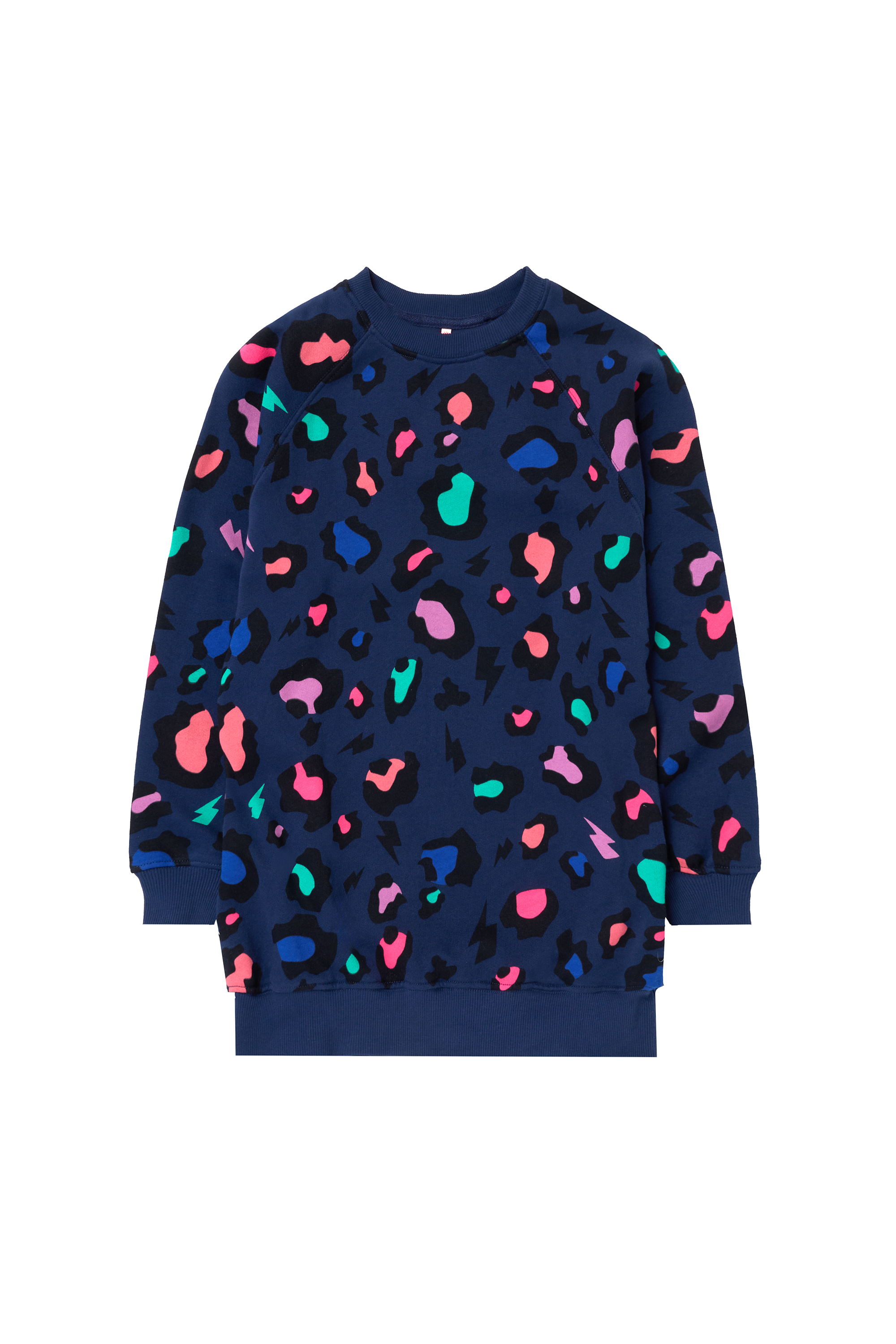 Scamp and Dude Kids Navy with Rainbow Snow Leopard Sweatshirt Dress | Product image of Kids Navy with Rainbow Snow Leopard Sweatshirt Dress on white background